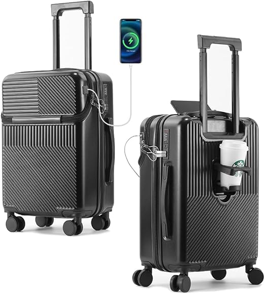 YSOAE 20/22/24 Inch Carry On Luggage, Hardside Luggage, Built-In Carry on Suitcase with Cup Holder & USB Port, Airline Approved Hard Shell Suitcase with Wheels (Black, 22in)