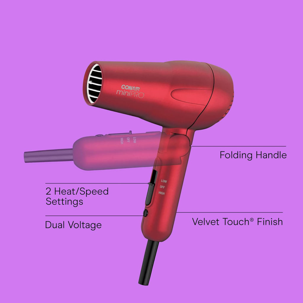 Conair Hair Dryer, Mini Pro, Travel, Folding Handle - Red