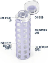 Ello Syndicate 20oz Reusable Glass Water Bottle with One-Touch Leak Proof Flip Lid and Protective Non-Slip Silicone Sleeve