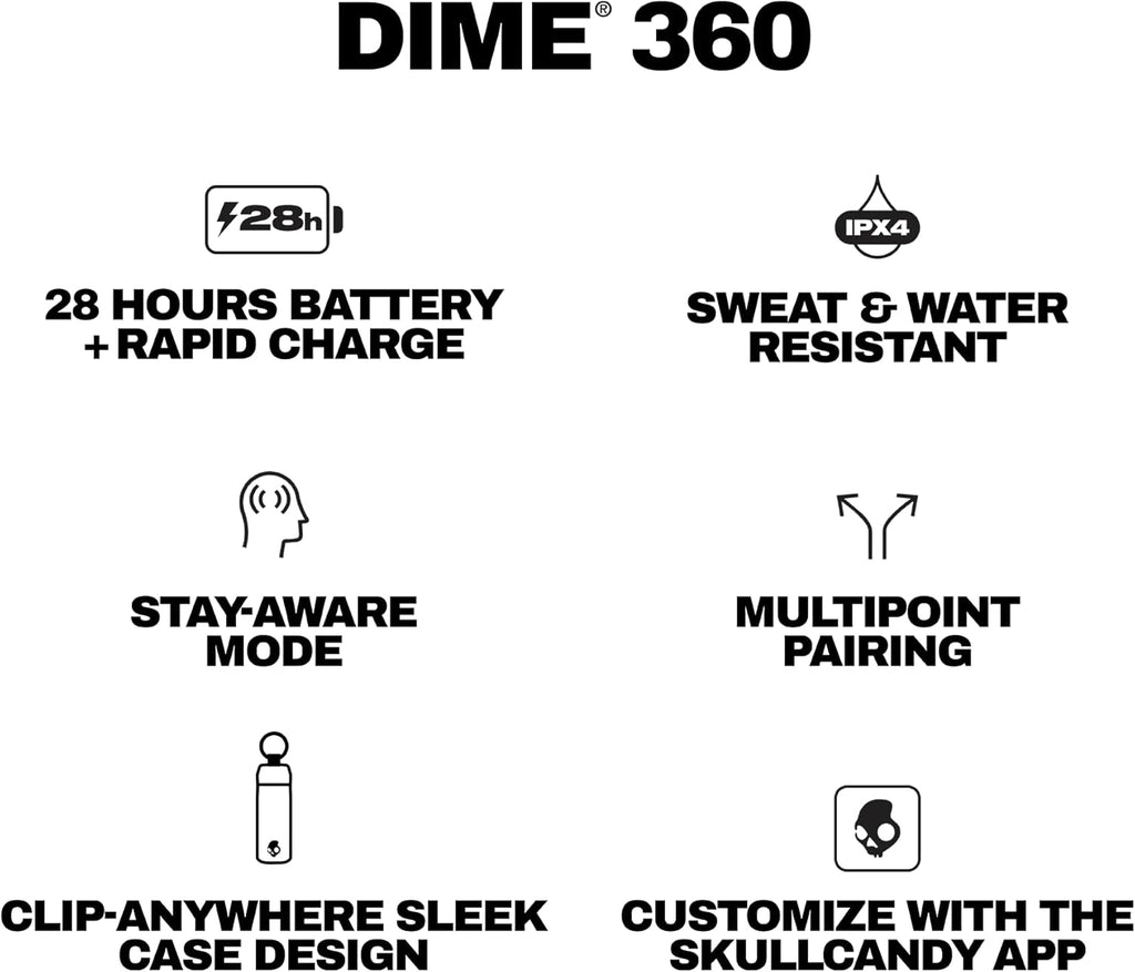 Skullcandy Dime 360 Wireless Earbuds with Clip-Anywhere Case - True Black