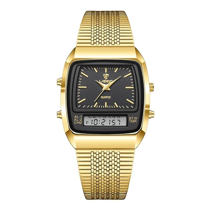 Liebig Stainless Steel Men's Sport Quartz Watch - Black Dial/Gold Band - Model L1030