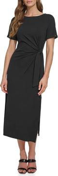 DKNY Women's Front Tie Boat Neck Short Sleeve Dress, Black - Small