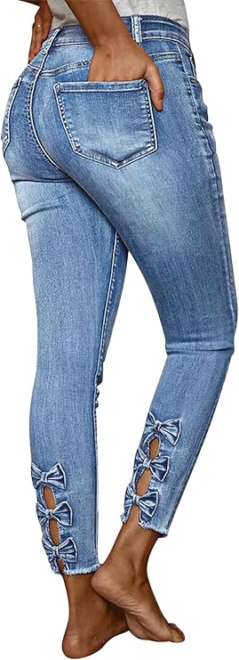 Flamingals Women's High Waist Skinny Jeans Butt Lifting Raw Hem Hollow Out Bow Tie Denim Pants- 2XL