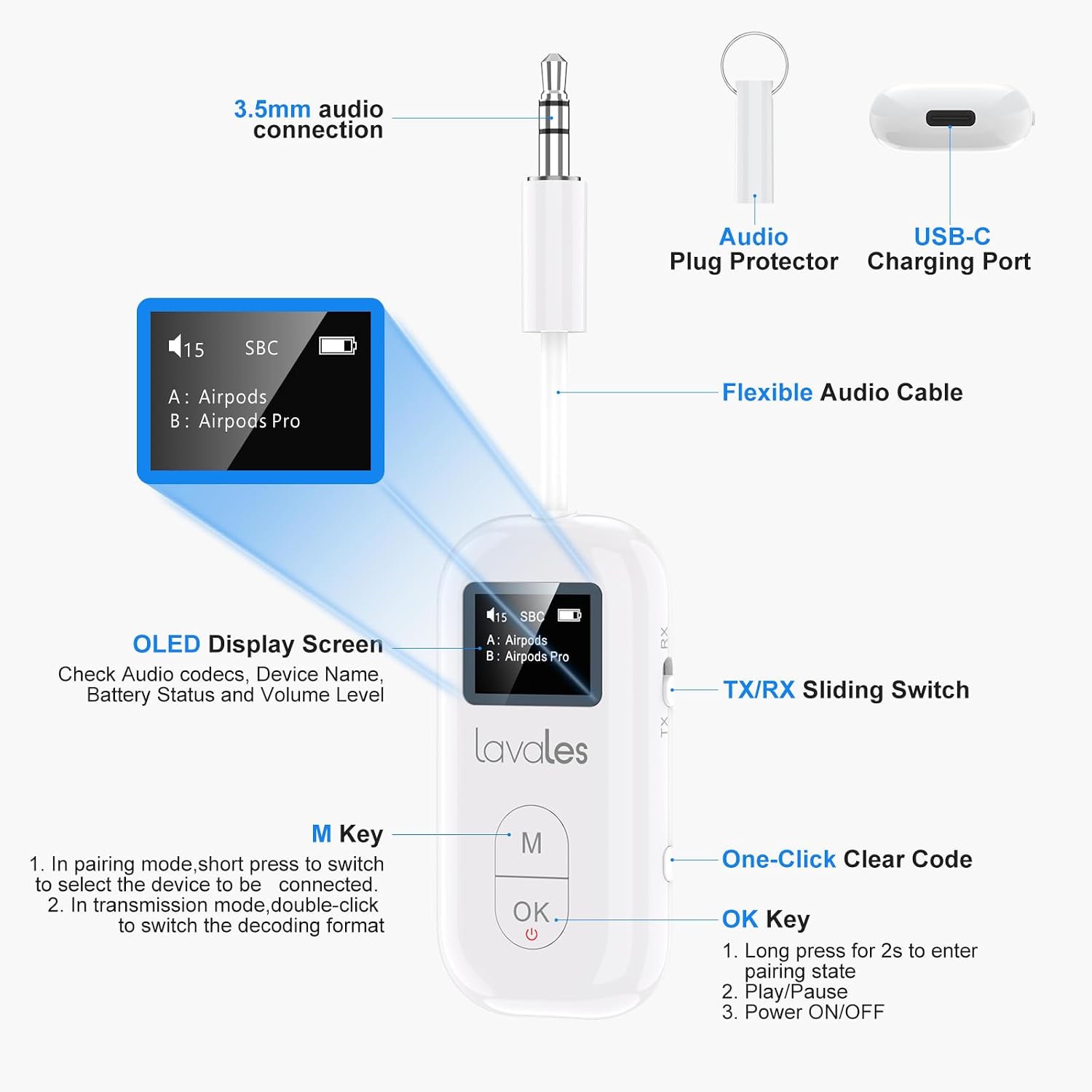 Bluetooth 5.3 Transmitter Receiver for Airplane, Wireless Audio Adapter for 2 Headphones, aptX Adaptive/SBC/HD,100ft Long Range, 35h Playtime, 3.5mm AUX Adapter for TV, Speakers, MP3