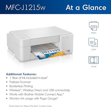 Brother MFC-J1215W INKvestment -Tank Wireless Multi-Function Color Inkjet Printer with Up to 1-Year in Box
