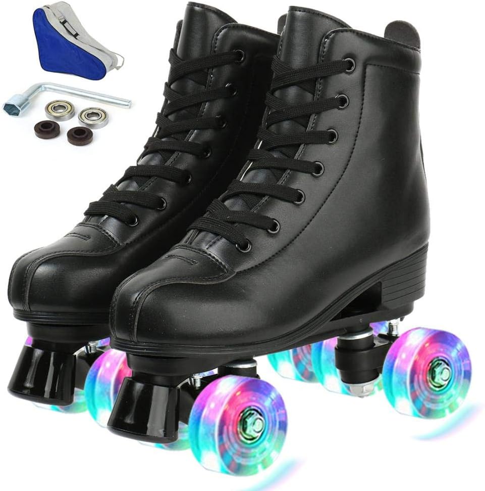 YYW Roller Skates for Women & Men, High Top PU Leather Classic Double-Row, Indoor Outdoor, Beginner Shoes, Size:  8W/6.5M