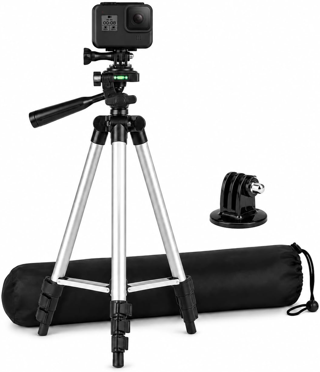 50" Aluminum Camera Tripod with Built-in Bubble Level – Compatible with GoPro HERO Cameras, Includes Tripod Mount & eCostConnection Microfiber Cloth