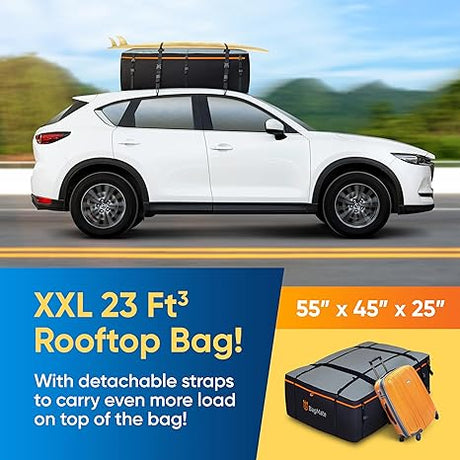 Military-Grade Waterproof Roof Bag - Rooftop Cargo Carrier – XXL 23 Cubic Feet. with 4 Door Hooks, Zipper/Buckle Closure, Extra Strap – Black Roof Bag for Cars with or without Rack