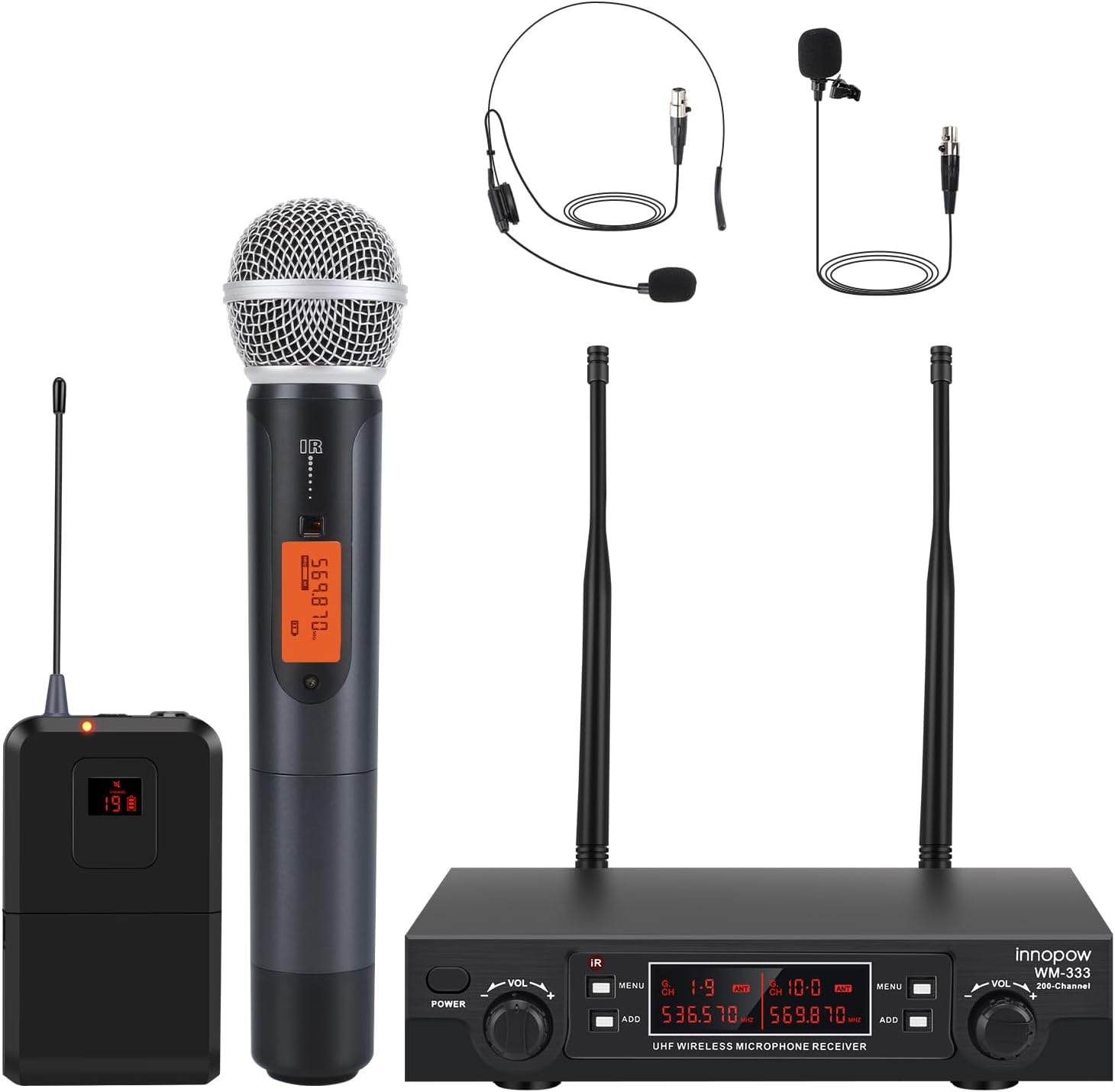 innopow 200-Channel Wireless Microphones System, Wireless Lavalier Microphone, Dual UHF Bodypack Cordless Lavalier Mic System Set