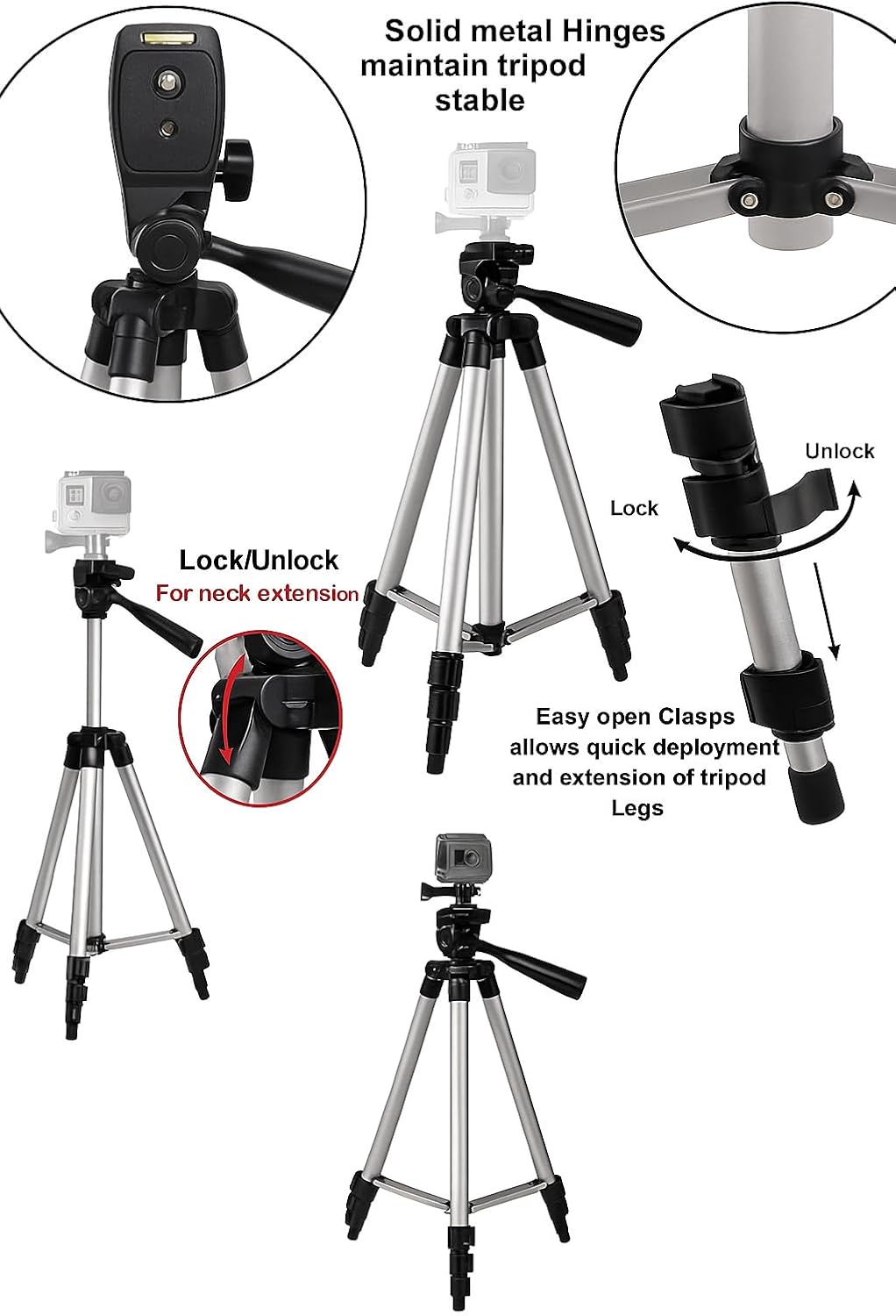 50" Aluminum Camera Tripod with Built-in Bubble Level – Compatible with GoPro HERO Cameras, Includes Tripod Mount & eCostConnection Microfiber Cloth