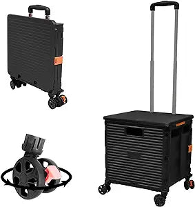 FELICON SELORSS Foldable Utility Cart Folding Portable Rolling Crate Handcart with Durable Heavy Duty Plastic Telescoping Handle Collapsible 4 Rotate Wheels for Travel Shop Move Luggage Office(Black) (NEW)