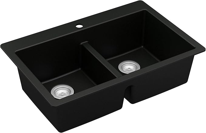 Karran QT-810 33" Top Mount Double Equal Bowl Quartz Kitchen Sink in Black