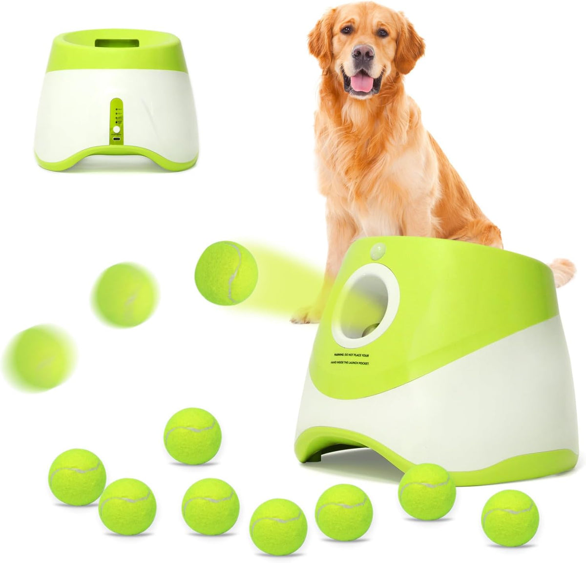 Automatic Dog Launcher, 10-30ft Fetch Machine for Dogs, Indoor/Outdoor, 3 Tennis Balls (2in), Yellow-Green