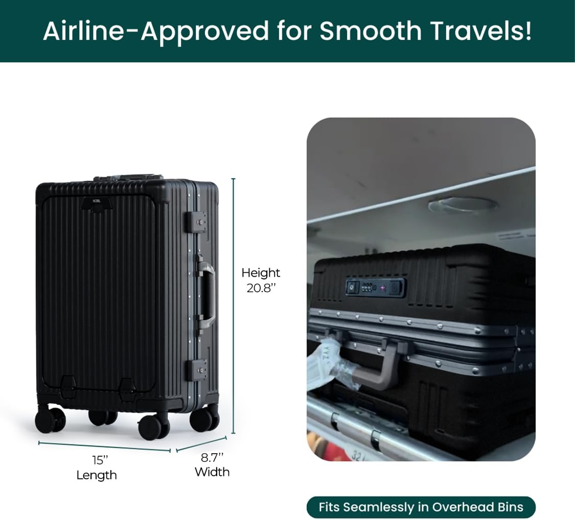 NOBL Travel Carry On Luggage, Noble Zipperless Aluminum Frame PC Hard Shell Suitcase, 20.8"x15"x8.7" Airline Approved, 360° Spinner Wheels, TSA Locks, USB Charging Port, Cup & Phone Holder - Jet Black