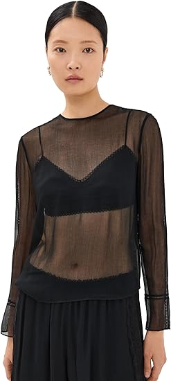 Vince Women's Sheer Lace Trim Top, Black   New