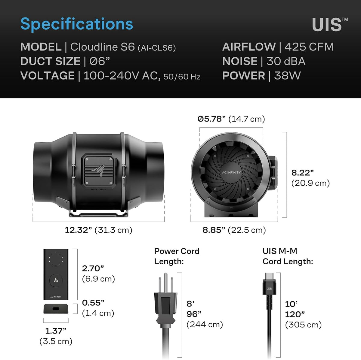 AC Infinity CLOUDLINE S6, Quiet 6” Inline Duct Fan with Speed Controller