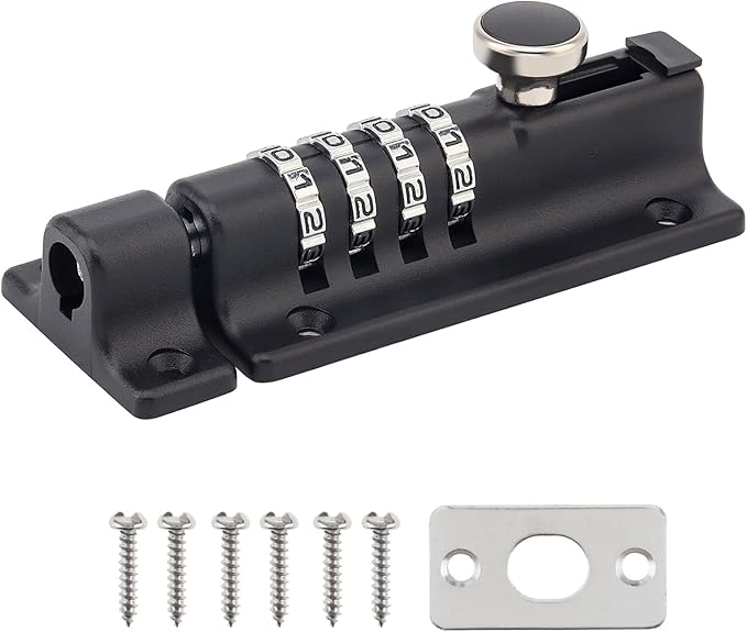 Combination Locking Bolt, 4 Digit Combination Door Security Slide Latch Lock Heavy Duty Zinc Alloy Slide Bolt Lock for Shed Gate Fences (Black)