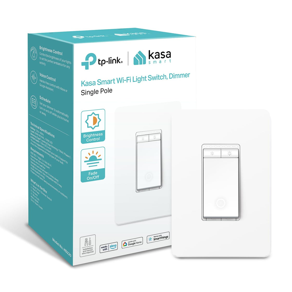 Kasa Smart Dimmer Switch HS220, Single Pole, Needs Neutral Wire, 2.4GHz Wi-Fi Light Switch Works with Alexa and Google 1 Pack
