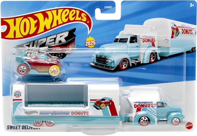 Hot Wheels Toy Car & Truck, Super Rigs 1:64 Scale Race Car & Matching Semi Truck Transporter