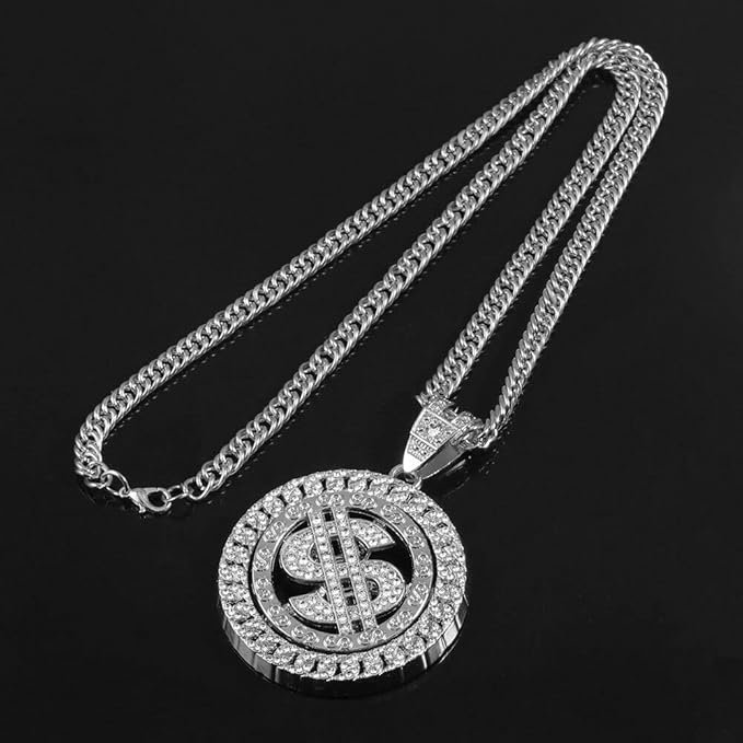 Mens Silver Gold CZ Dollar Sign Pendant Necklace Punk Hip Hop Biker Jewelry 24"