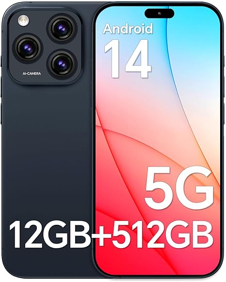 Unlocked Android Phones A16ProMax, 12GB+512GB Smartphone, 5000mAh Battery, Snapdragon 888 Android 14 Unlocked Phones, 6.8inch HD Screen, Face ID/WiFi/Bluetooth