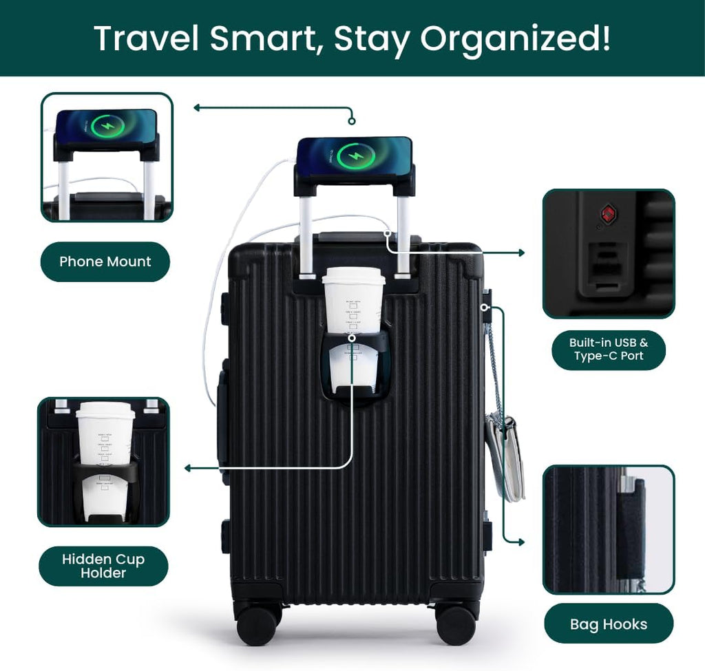 NOBL Travel Carry On Luggage, Noble Zipperless Aluminum Frame PC Hard Shell Suitcase, 20.8"x15"x8.7" Airline Approved, 360° Spinner Wheels, TSA Locks, USB Charging Port, Cup & Phone Holder - Jet Black