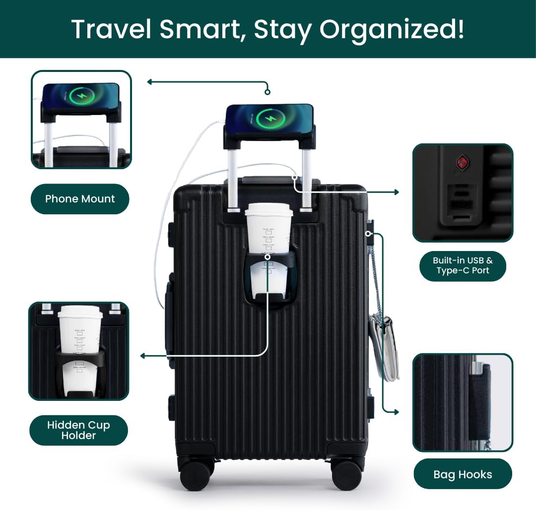 NOBL Travel Carry On Luggage, Noble Zipperless Aluminum Frame PC Hard Shell Suitcase, 20.8"x15"x8.7" Airline Approved, 360° Spinner Wheels, TSA Locks, USB Charging Port, Cup & Phone Holder - Jet Black