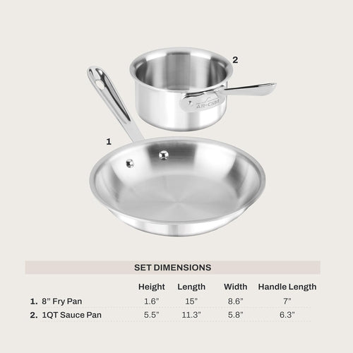 All-Clad D3 Stainless Steel 2 Piece Cookware Set - 8" Frying Pan and 1 Qt Saucepan