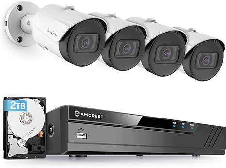 Amcrest 5MP Security Camera System, 4K 8CH PoE NVR, (4) x 5-Megapixel 2.8mm Wide Angle Lens Weatherproof Metal Bullet POE IP Cameras, Pre-Installed 2TB Hard Drive, NV4108E-IP5M-B1186EW4-2TB (White)