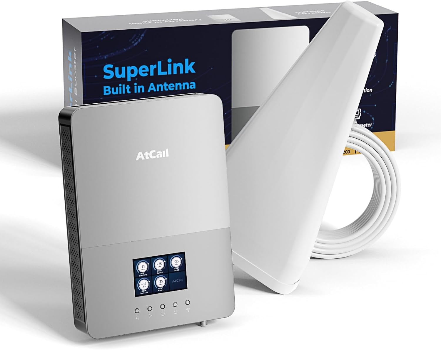 Atcall SuperLink Cell Phone Booster for Home, Up to 6,000 Sq Ft, Smart LCD Display, Built-in Indoor Antenna, Boost 5G 4G LTE for All U.S. Carriers - Verizon AT&T T-Mobile, FCC Approved