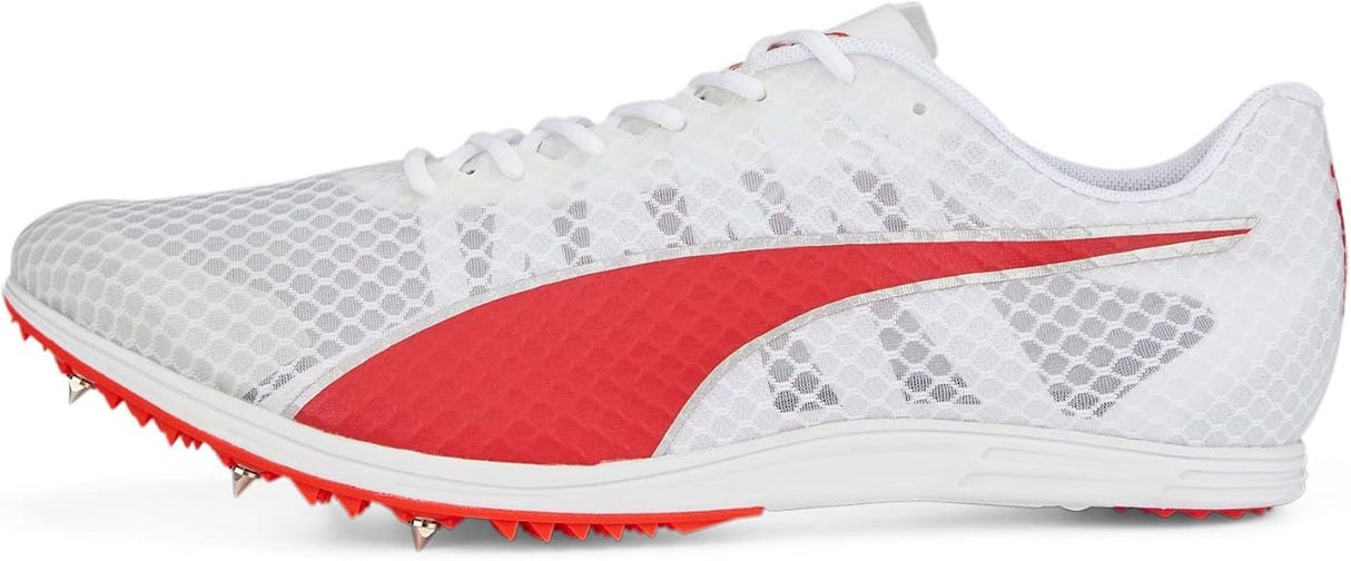 PUMA Mens Evospeed Distance 11 Track and Field Shoe, PUMA Mens White-PUMA Mens Red-Metallic Silver, 12.5