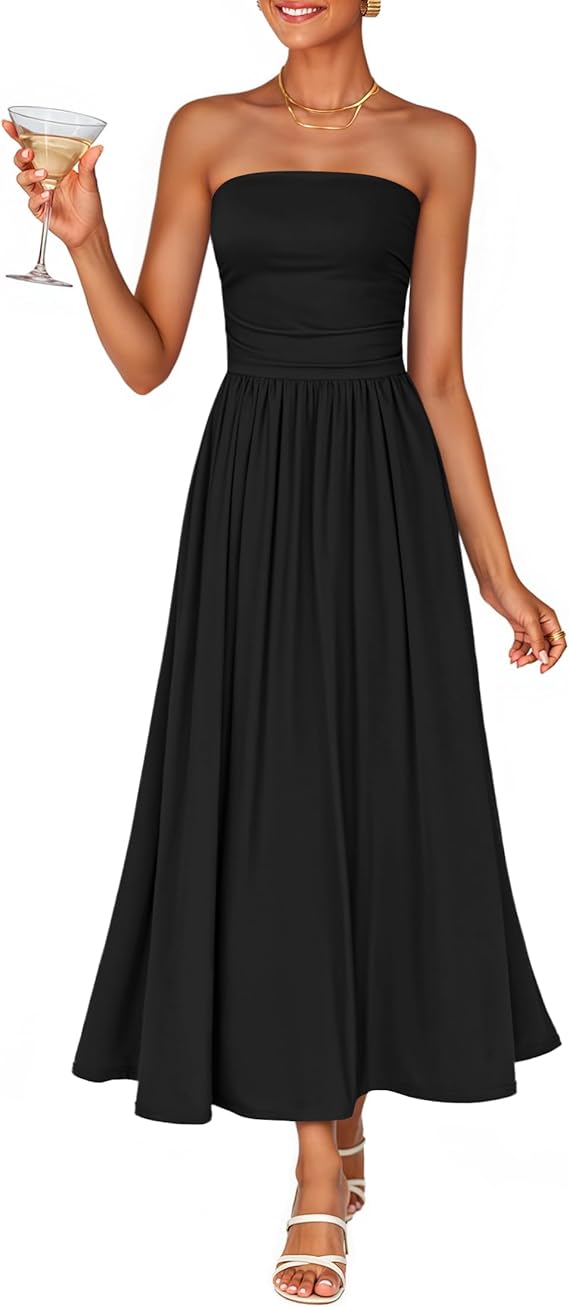 Women's Summer Sleeveless Midi Dress 2026 Strapless Ruched- MED