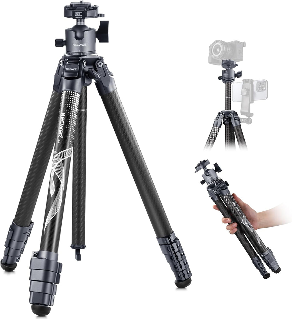 NEEWER LITETRIP LT34 62" Travel Tripod Carbon Fiber with Removable 360° Panorama Head, Center Axis, Fast Flip Buckle, Arca QR Plate Compatible with PD, Max Load 22lb/10kg