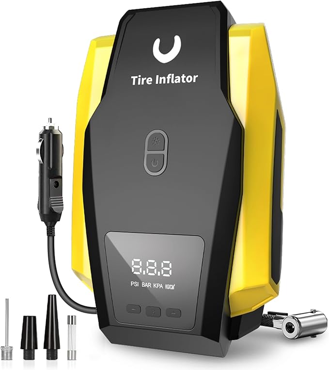 Tire Inflator Portable Air Compressor - Air Pump for Car Tires - 12V DC Tire Pump with Auto Shutoff Function & LED Light for Cars, Bicycles, Motorcycles, Yellow, Large Visit the Powools Store
