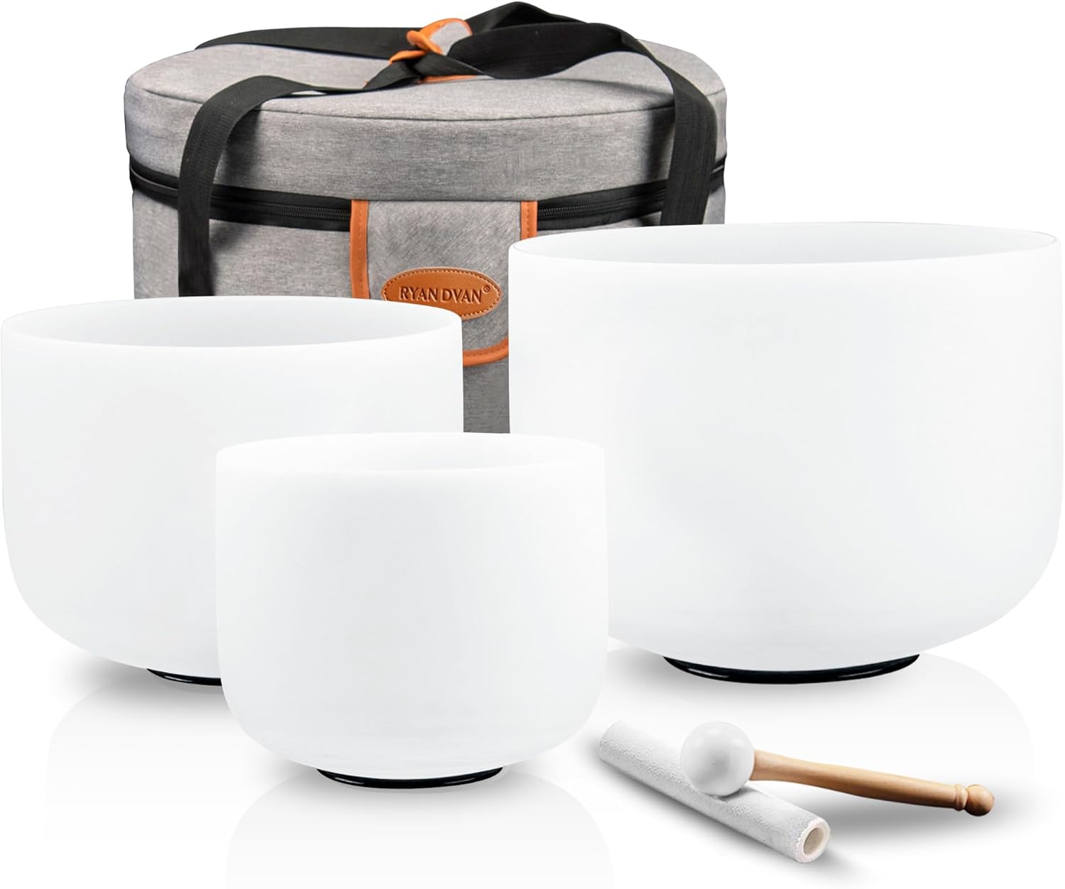 RYAN DVAN 432HZ Crystal Singing Bowl Set of 3, 6" B Crown, 7" G Throat, 8" F Heart with Case Suede Striker & O-Ring