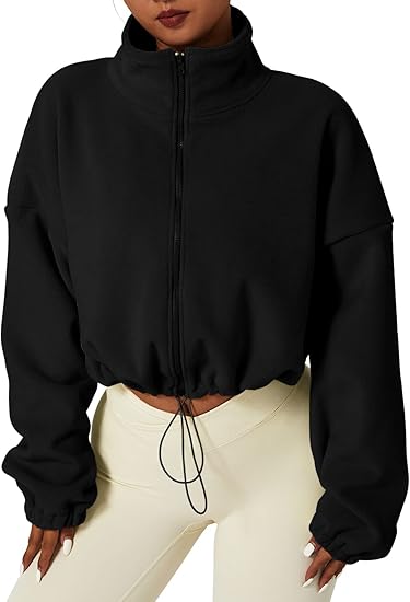 QINSEN Women's Full Zip Fleece Short Jacket Warm Winter Long Sleeve Stand Collar Sherpa Crop Coat Size L