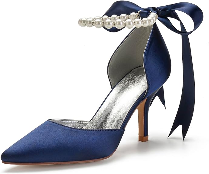 Women's Pearl White Wedding Shoes for Bride High Heels Pointed Toe Bridal Shoes Satin Prom Party Dress Pumps Sandals Size: 9