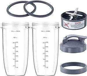 7 Pieces nutribullet Blender Cups & Blade Replacement Set 32oz Huge Cup with 1 Flip-Top To-Go Lid and 1 Lid Ring & Premium Extractor Blade with Compatible with NutriBullet 600w/900w Blender(NEW)