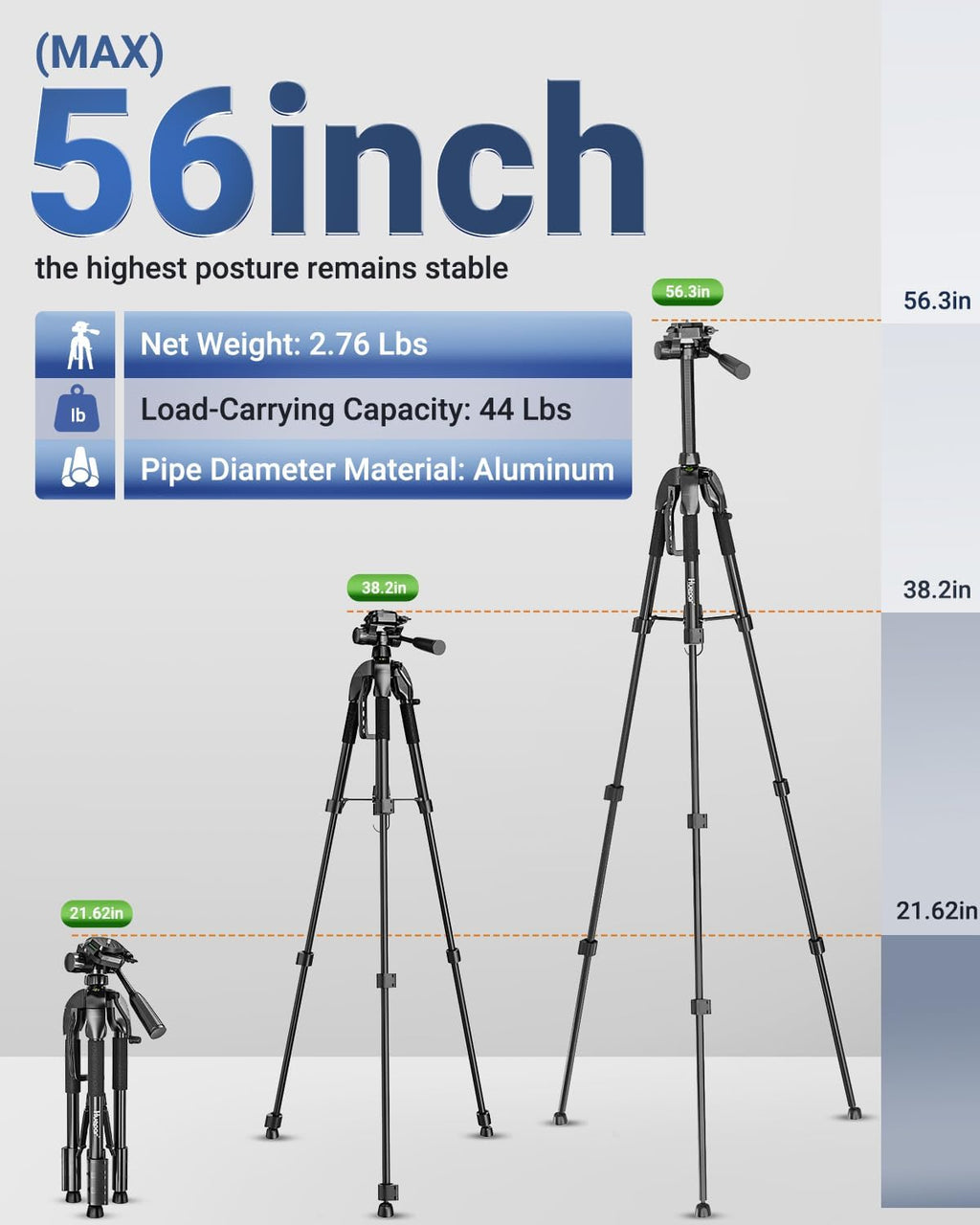 *Laser Level Tripod, Huepar 56” Extendable Height Tripod for Line Lasers, Point Lasers, Laser Distance Measures, 1/4" and 5/8" Thread Mount, Multi-Function Hook, Non-Skid Feet, TPD14