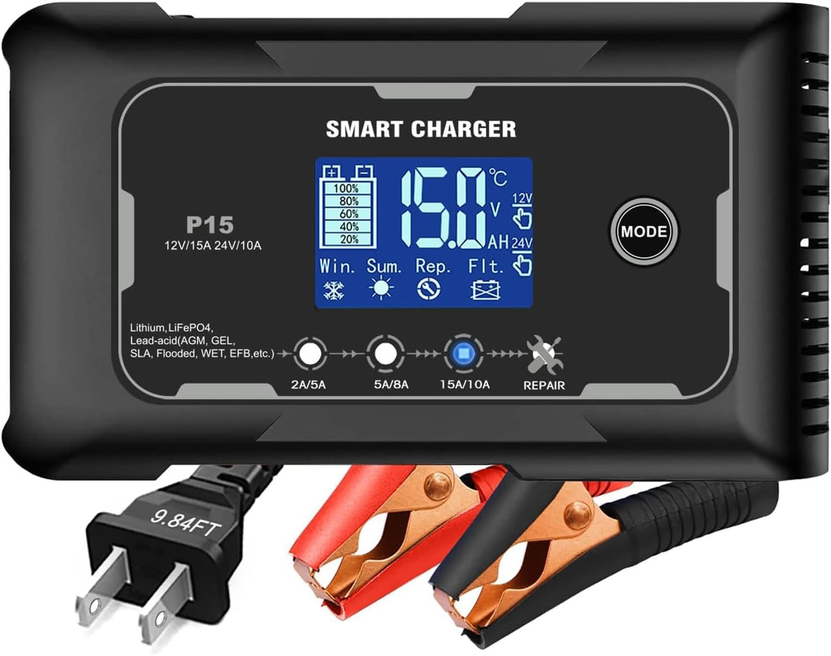 Lifepo4 Charger 15-Amp Fully-Automatic Smart Charger,12V and 24V Battery Charger
