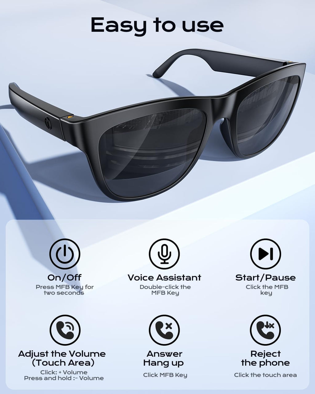 XO Smart Bluetooth Glasses, Built-in Mic & Speakers, Smart Wireless Headphone Sunglasses, Athletic/Outdoor UV Protection and Voice Control (Black)