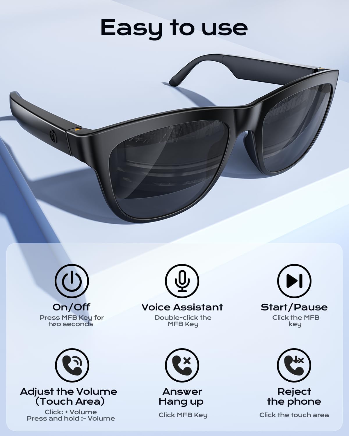 XO Smart Bluetooth Glasses, Built-in Mic & Speakers, Smart Wireless Headphone Sunglasses, Athletic/Outdoor UV Protection and Voice Control (Black)