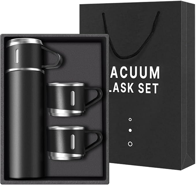 BLACK SET-Coffee Thermos Stainless Steel Vacuum-Insulated Water Bottle, 500ml/16.9oz Insulated Bottle with Cup for Hot & Cold Drink Travel Mug (Black, Three Cup)