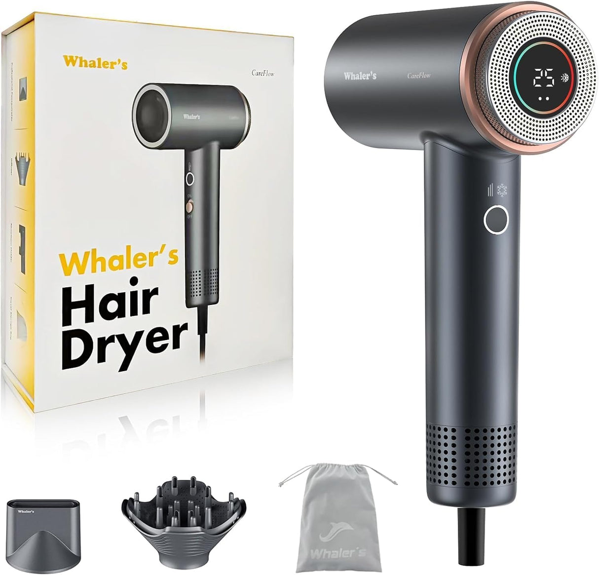 WHALER'S Professional Hair Dryer Ionic 1400W Fast Drying, 4 Speed/Heat Settings & Cool Shot, Dual Voltage for Travel, Includes Diffuser+Concentrator+Replacement Brush (1.4kW, 120V-240V) Metal Gray