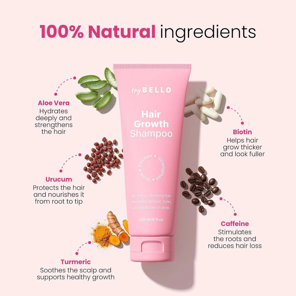 Trybello Hair Growth Shampoo with DHT Blocker 8 Fl Oz. | Natural Thickening | & Scalp Detox | Sulfate Free & Vegan Formula | Caffeine, Aloe Vera, Turmeric, and Urucum Extract | For Any Hair Type