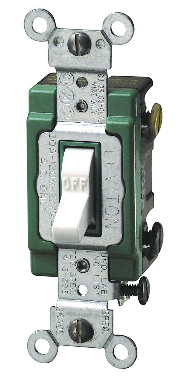 Leviton 30 Amp, 120/277 Volt, Toggle Double-Pole AC Quiet Switch, Extra Heavy Duty Spec Grade, Self Grounding, Back and Side Wired, 3032-2W - White - 10 Pack