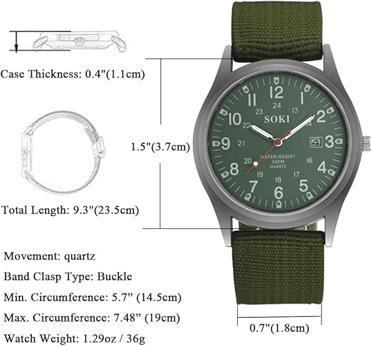 JewelryWe Men's Military Green Dial Nylon Strap Quartz Calendar Wristwatch Night Vision Luminous Wristwatch, (OPEN BOX)