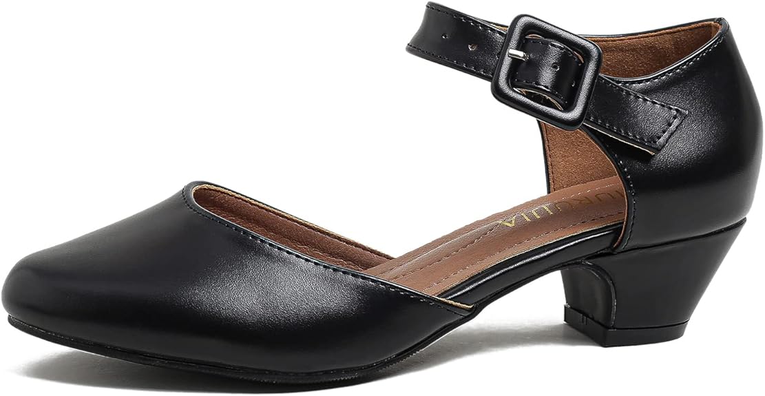 LIURUIJIA Women's Closed Toe Low Chunky Heel Pumps Ankle Strap Dress Shoes for Work Wedding Party Dance Size: 7.5