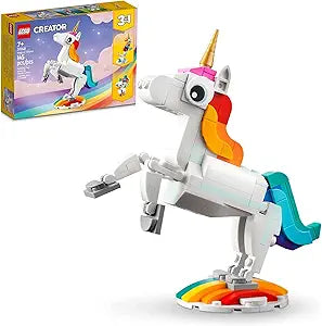 LEGO Creator 3 in 1 Magical Unicorn Toy, Transforms from Unicorn to Seahorse to Peacock, Rainbow Animal Figures, Unicorn Gift for Grandchildren, Girls and Boys, Buildable Toys, 31140(New Open Box)