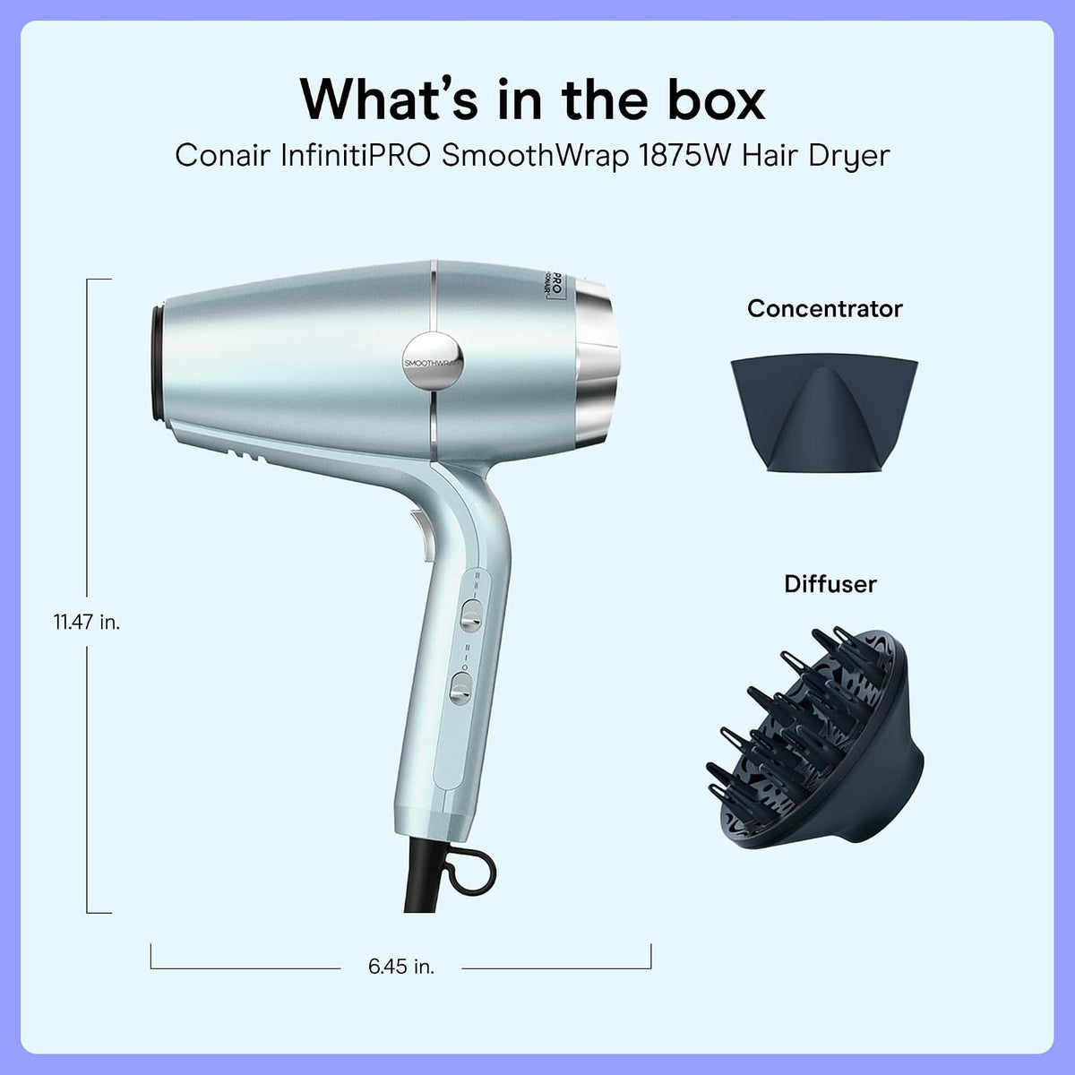 Conair SmoothWrap Ionic Hair Dryer, Diffuser & Concentrator - 1875W - Mint